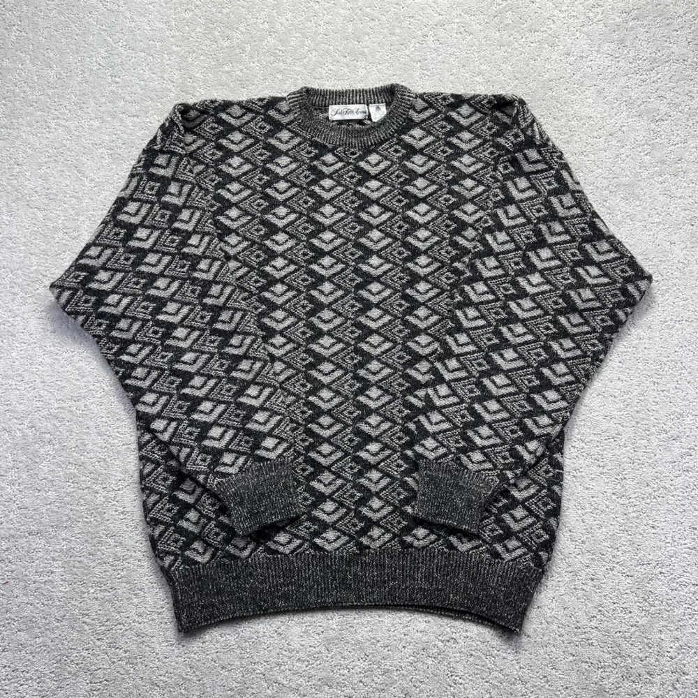 VTG Saks Fifth Avenue Sweater Mens XL Gray Black Wool Geometric Knit Crewneck